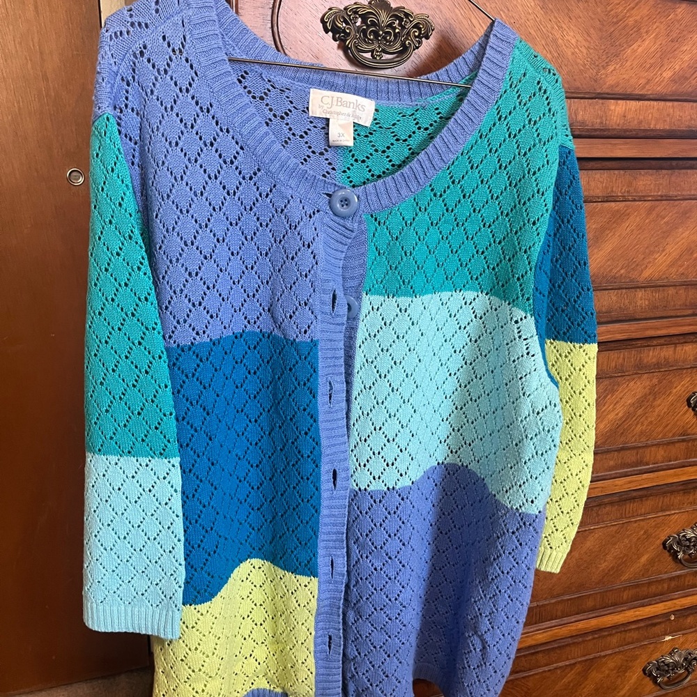 CJ Banks Blue & Teal Patchwork Knit Cardigan Sweater